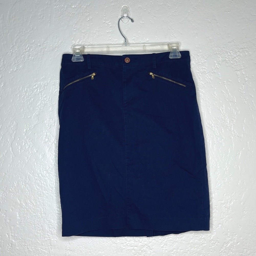 Lauren Ralph Lauren Navy Blue Stretch Cotton Pencil Skirt Gold Zipper Pockets 10